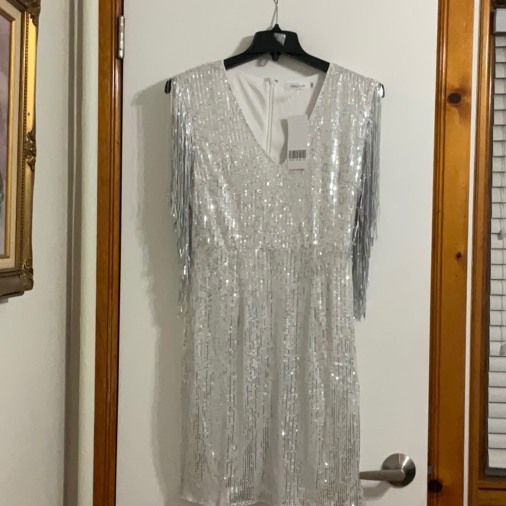 Women’s Sexy Deep-V Sequin Glitter Tassel Sleeve party Mini Dress Size XL Silver